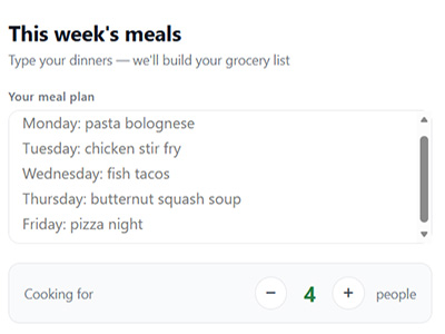 Meal planning screen
